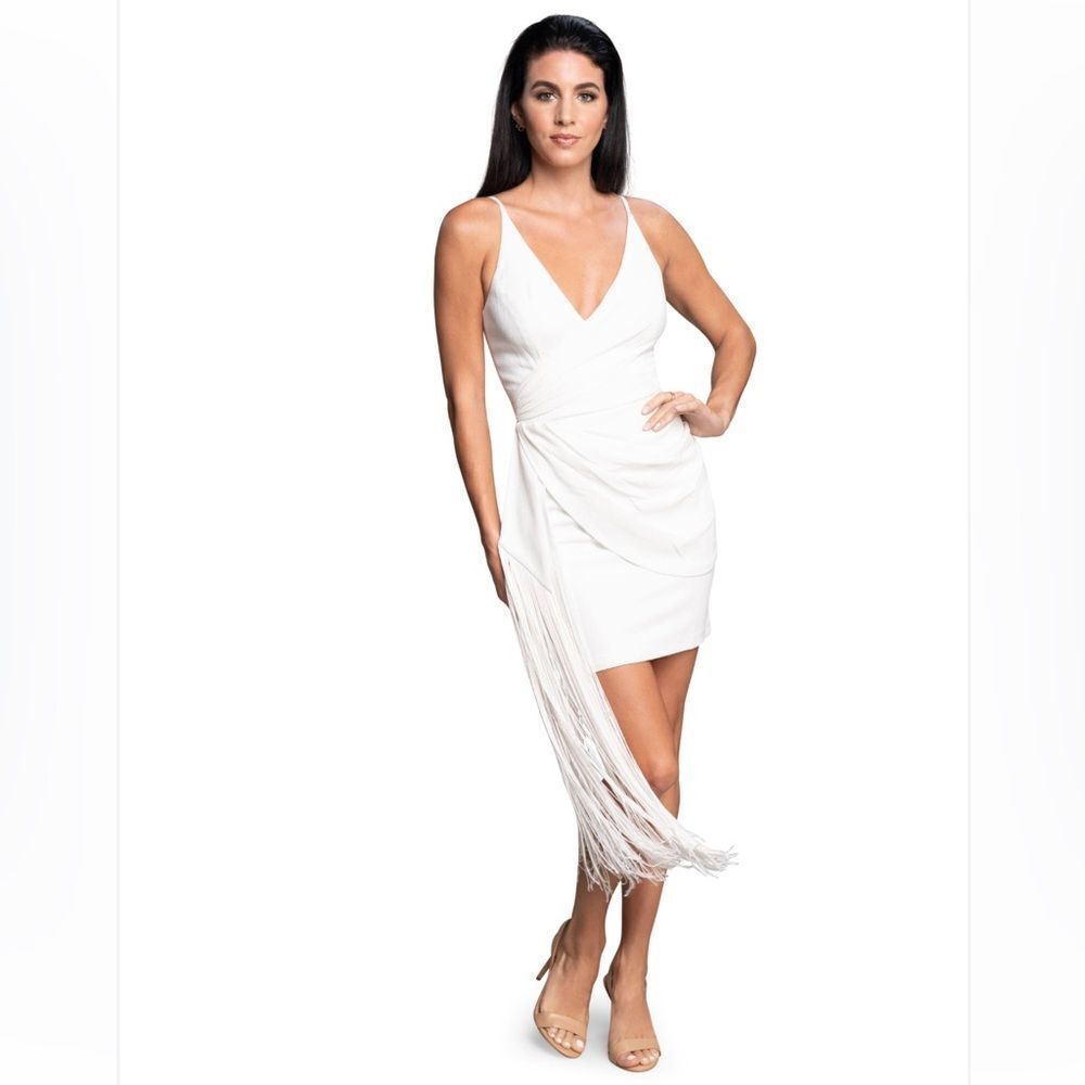 Dress The Population Women's Alida Crepe Fringe white Minidress Small New